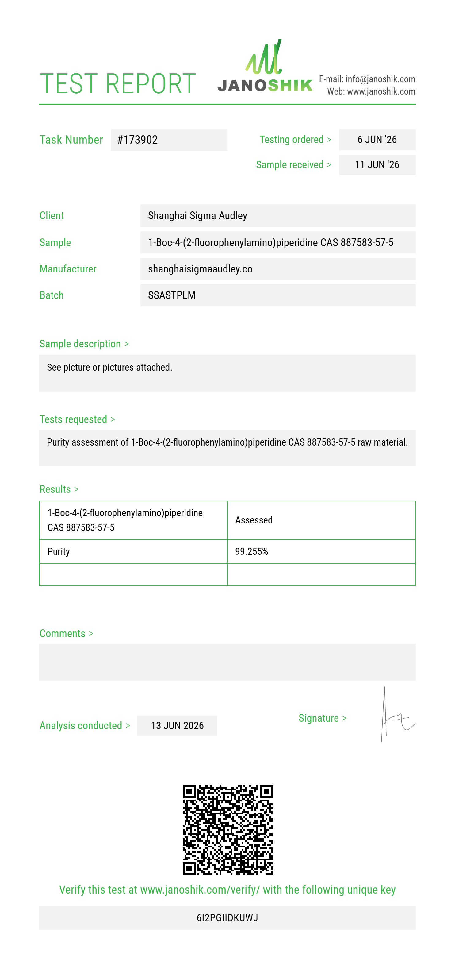 1-Boc-4-(2-fluorophenylamino)piperidine CAS 887583-57-5 Purity (HPLC) report by Janoshik Analytical