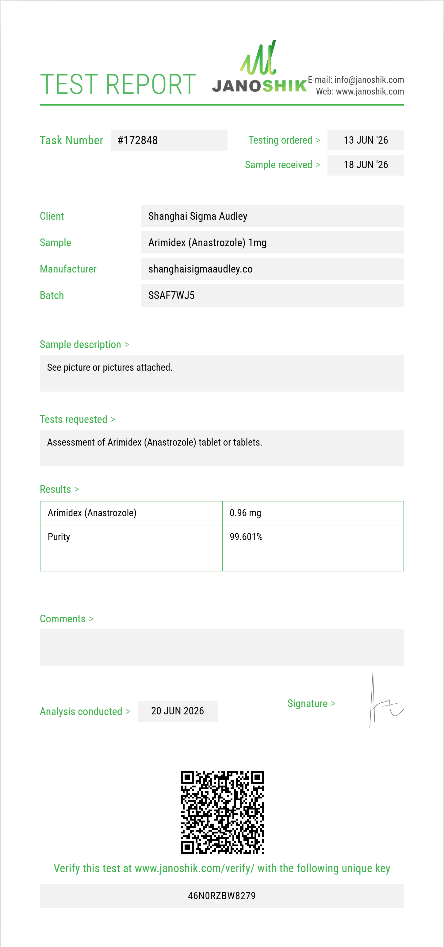 Arimidex (Anastrozole) Purity (HPLC) report by Janoshik Analytical