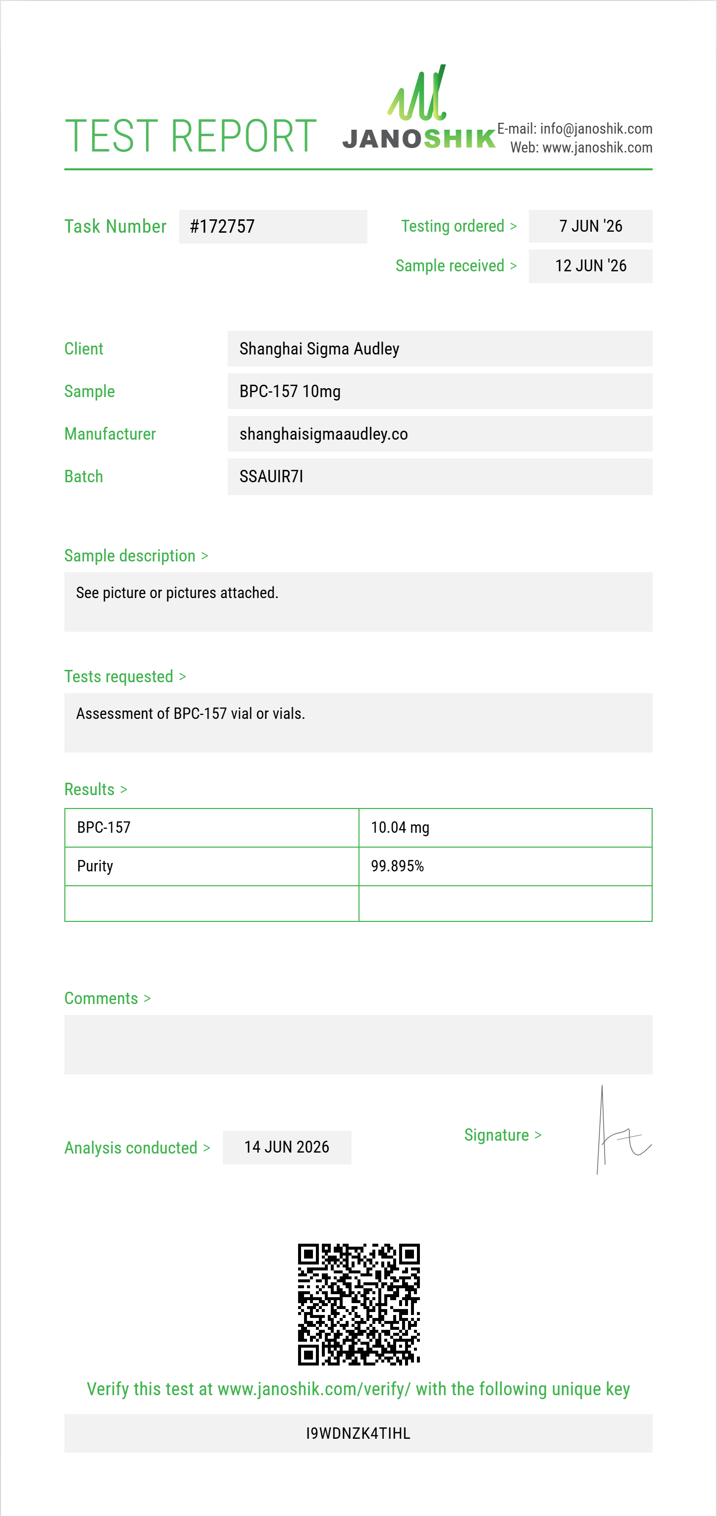 BPC-157 Purity (HPLC) report by Janoshik Analytical