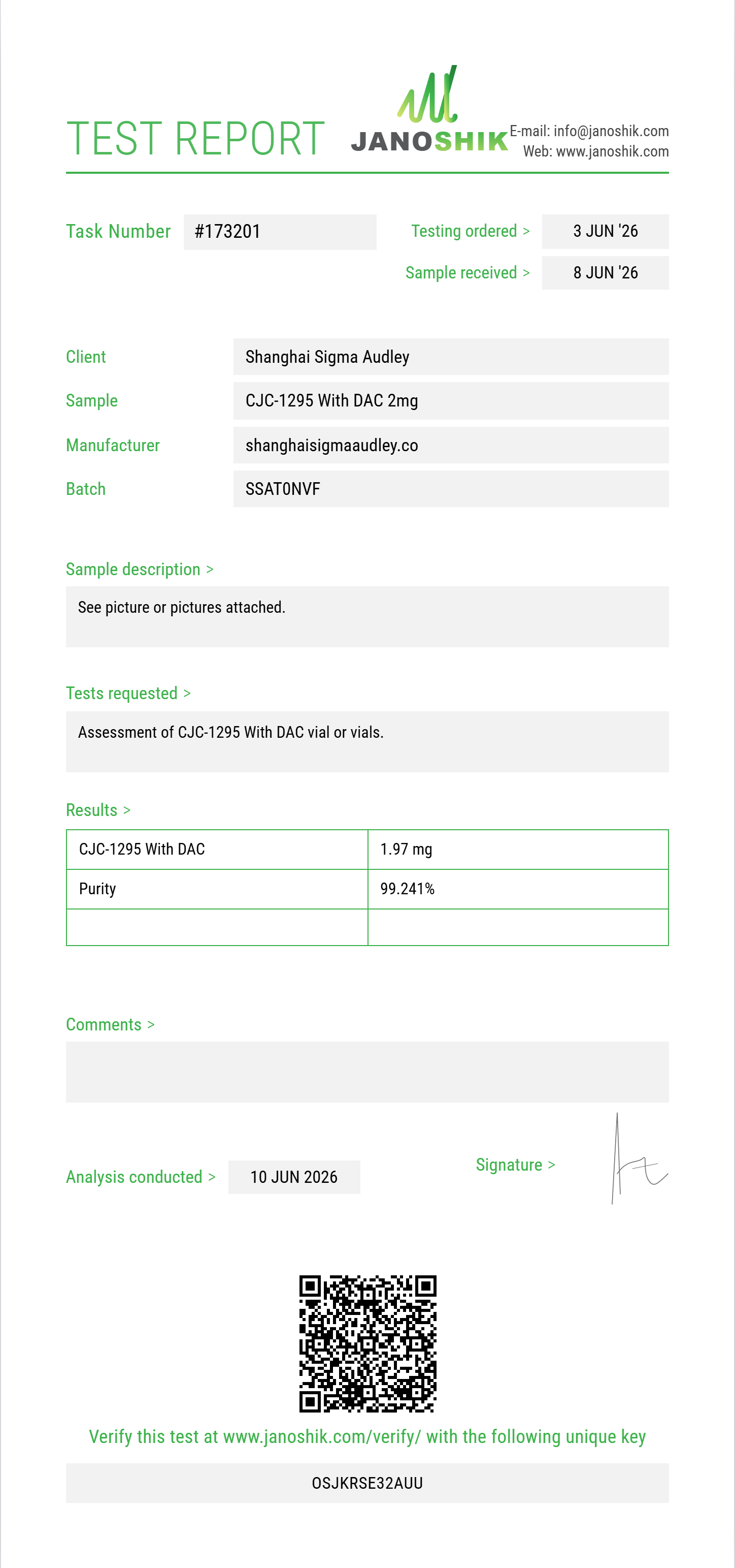 CJC-1295 With DAC Purity (HPLC) report by Janoshik Analytical