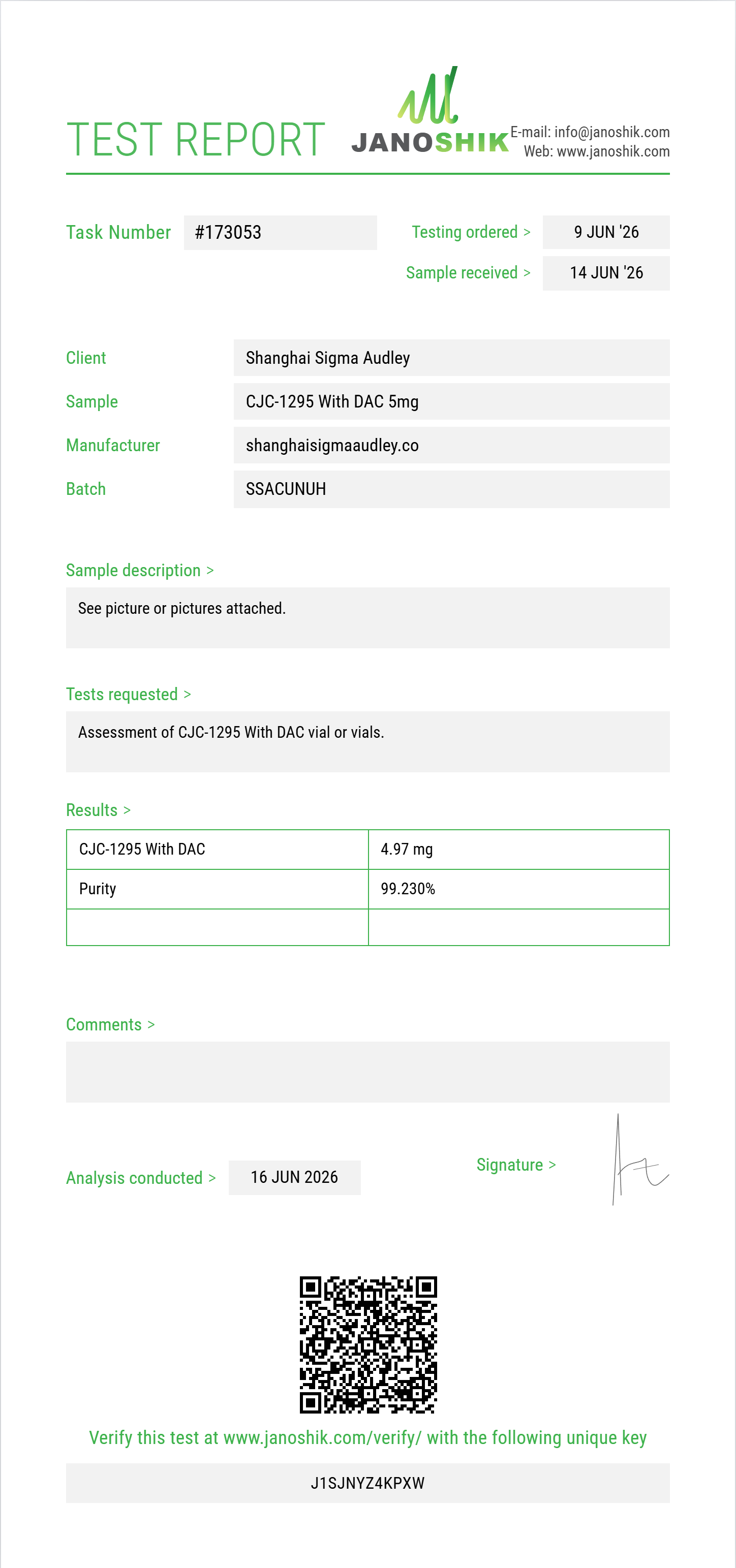 CJC-1295 With DAC Purity (HPLC) report by Janoshik Analytical