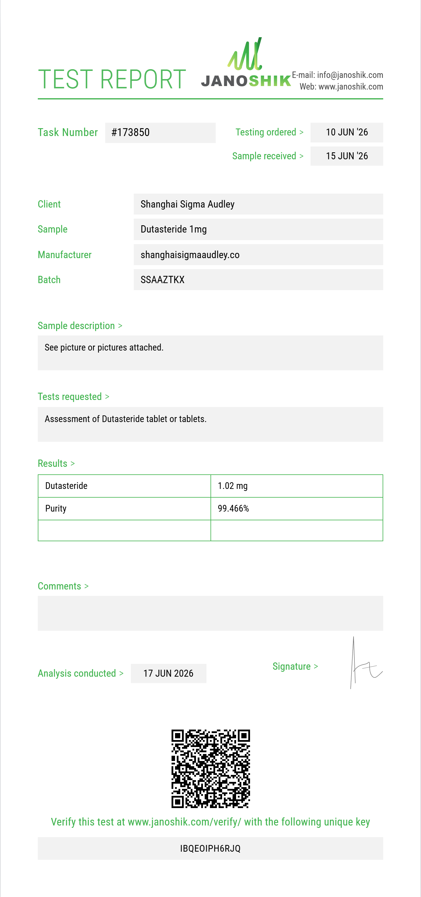 Dutasteride Purity (HPLC) report by Janoshik Analytical