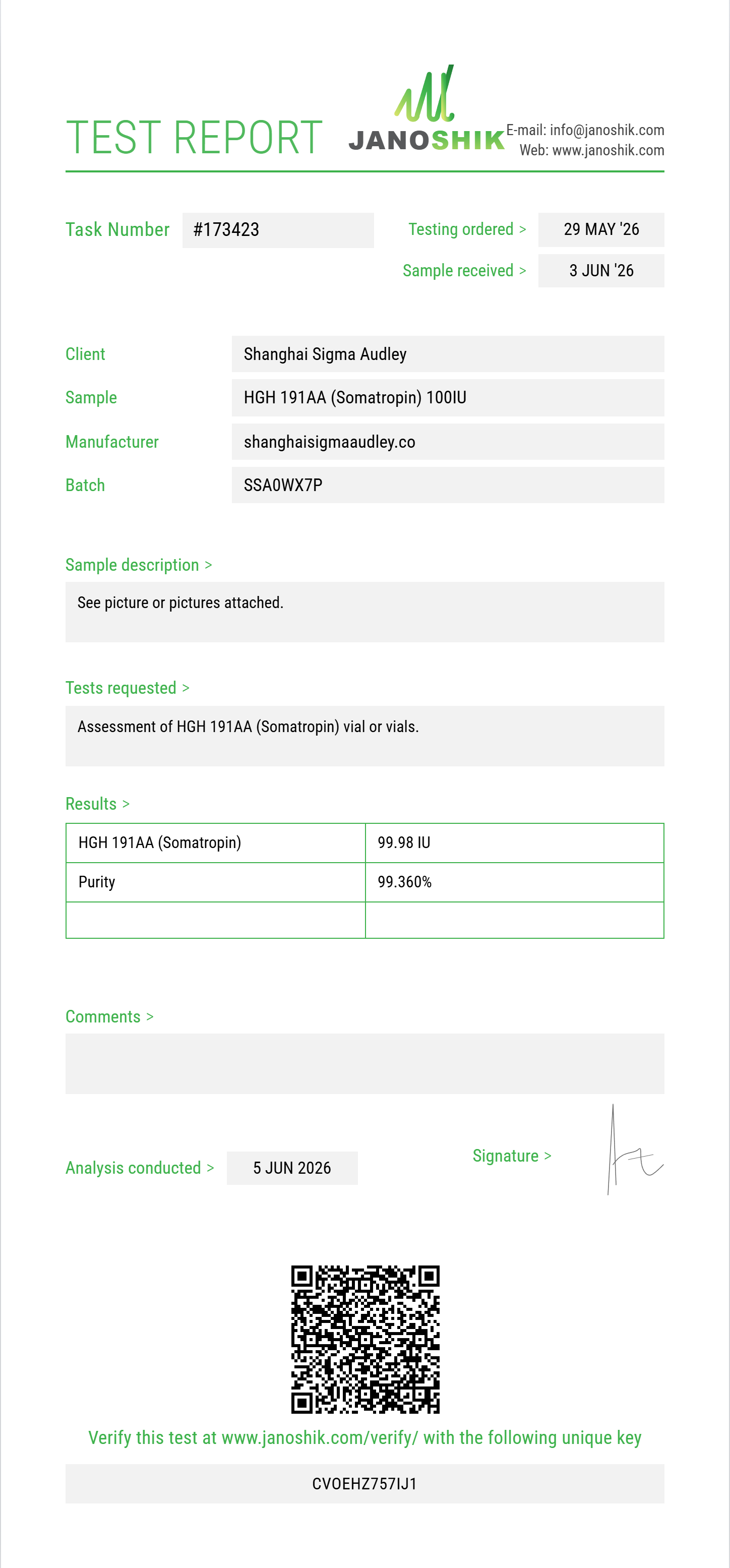 HGH 191AA (Somatropin) Purity (HPLC) report by Janoshik Analytical