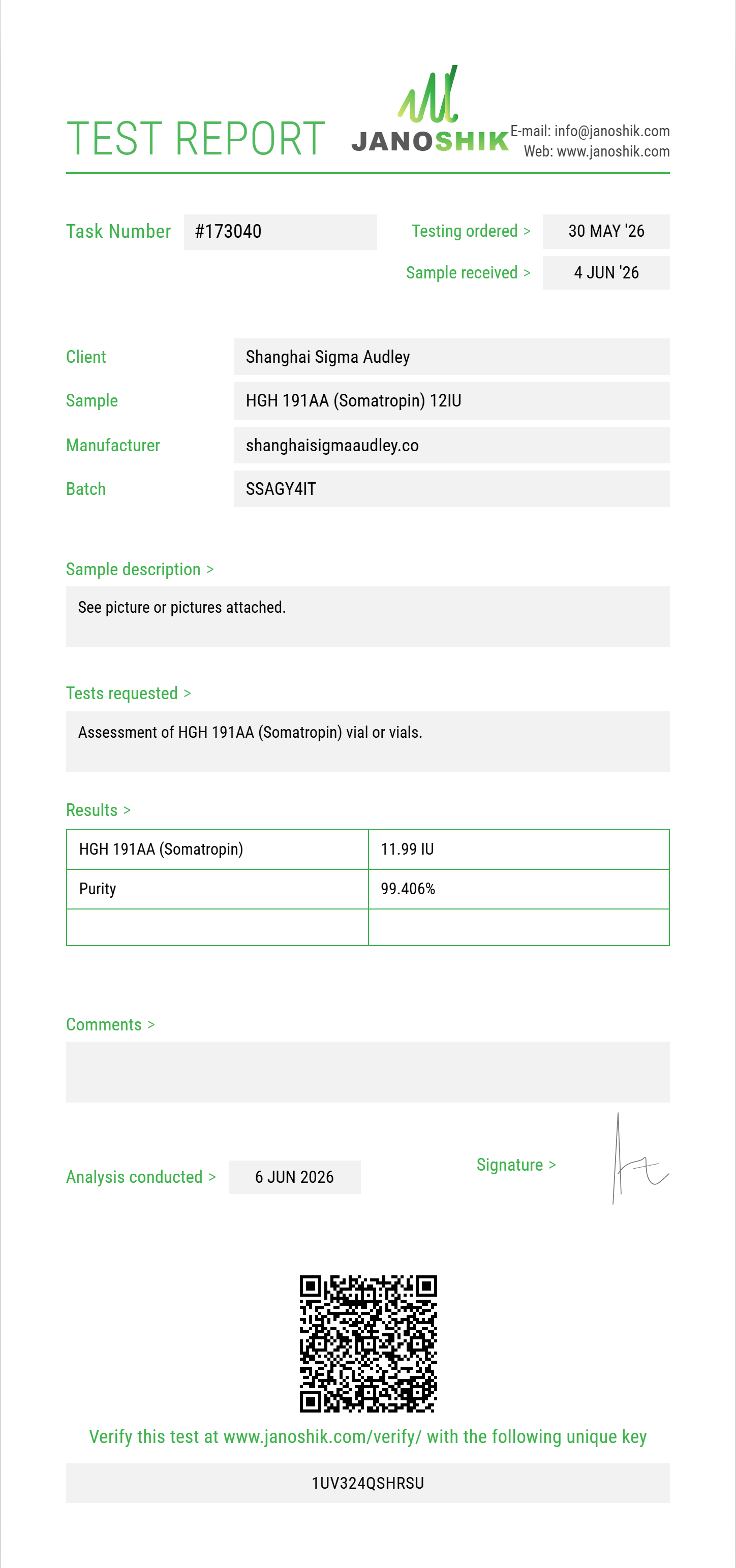 HGH 191AA (Somatropin) Purity (HPLC) report by Janoshik Analytical