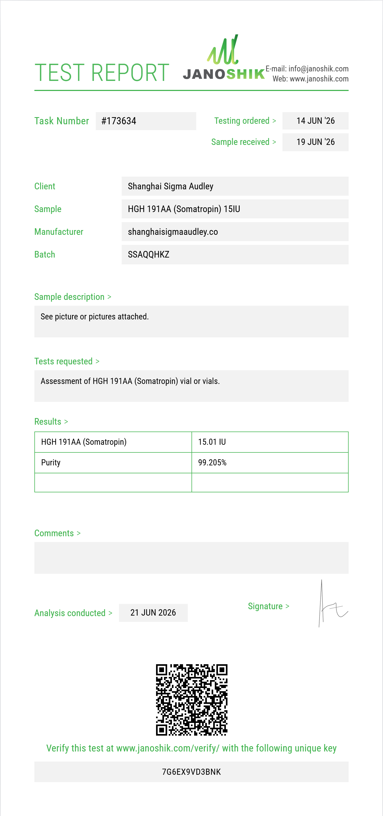 HGH 191AA (Somatropin) Purity (HPLC) report by Janoshik Analytical