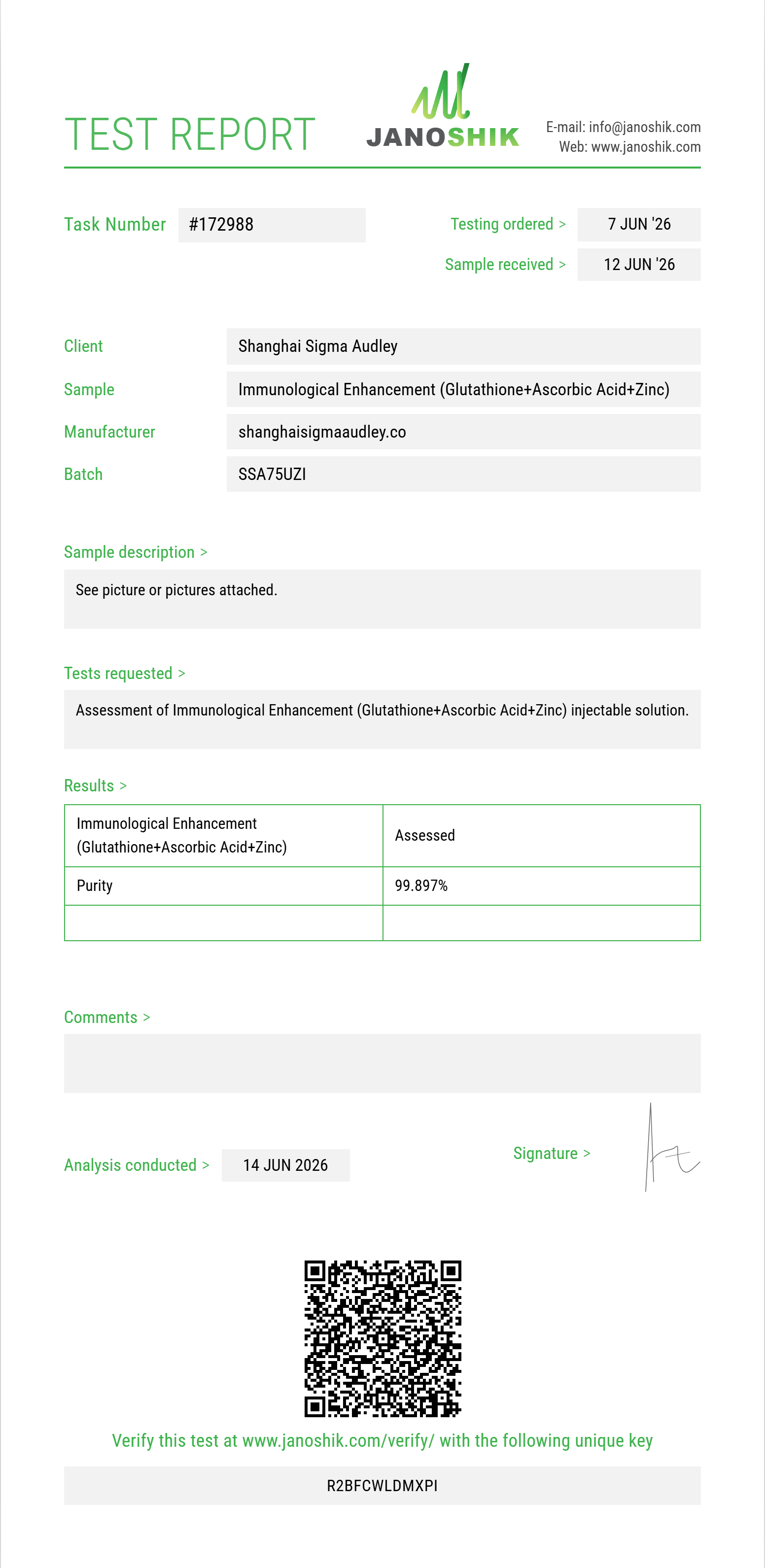 Immunological Enhancement (Glutathione 200mg+Ascorbic Acid 200mg+Zinc Sulfate 2.5mg) Purity Test Report by Medu Laboratories