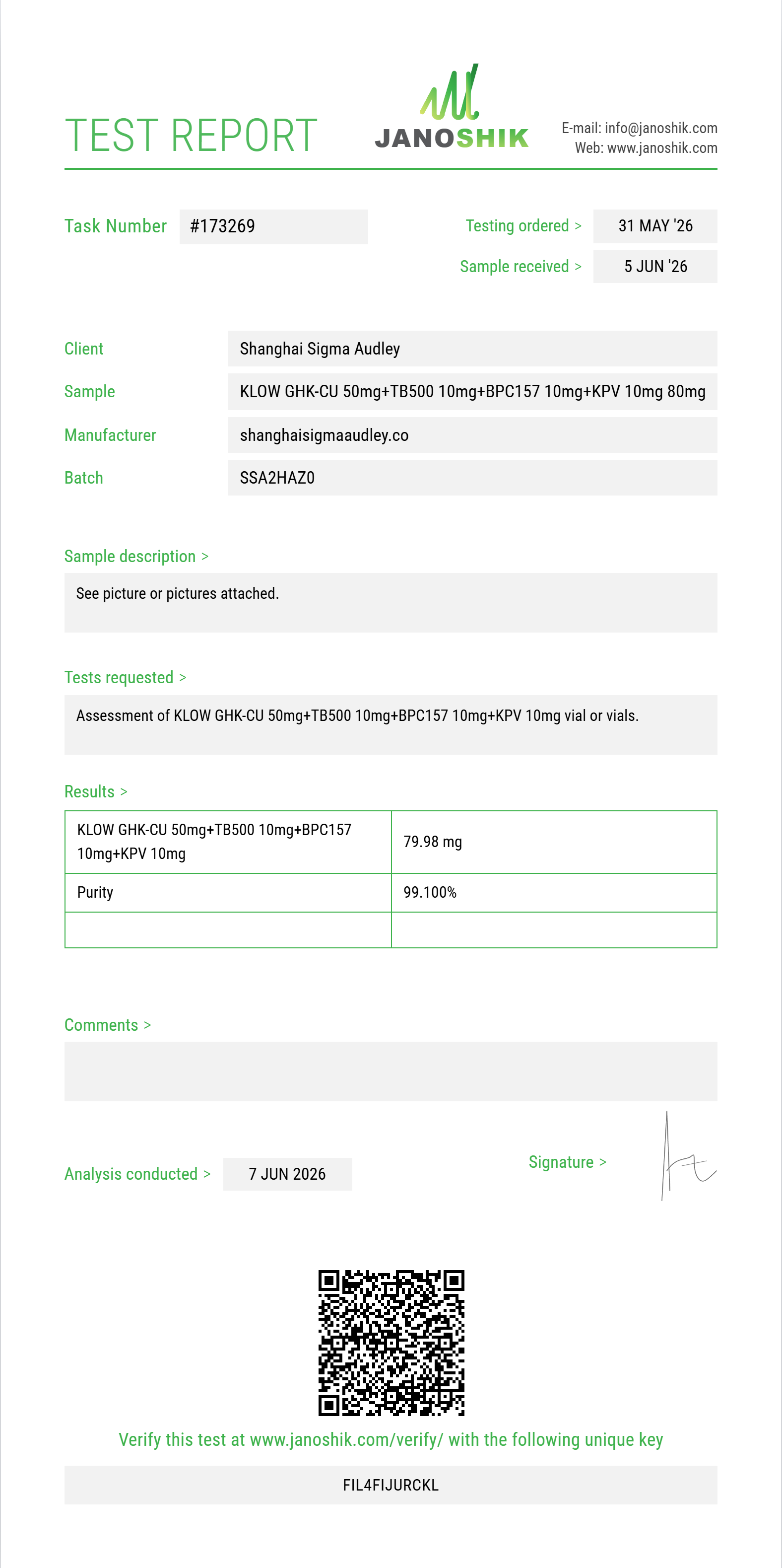 KLOW GHK-CU 50mg+TB500 10mg+BPC157 10mg+KPV 10mg Purity (HPLC) report by Janoshik Analytical