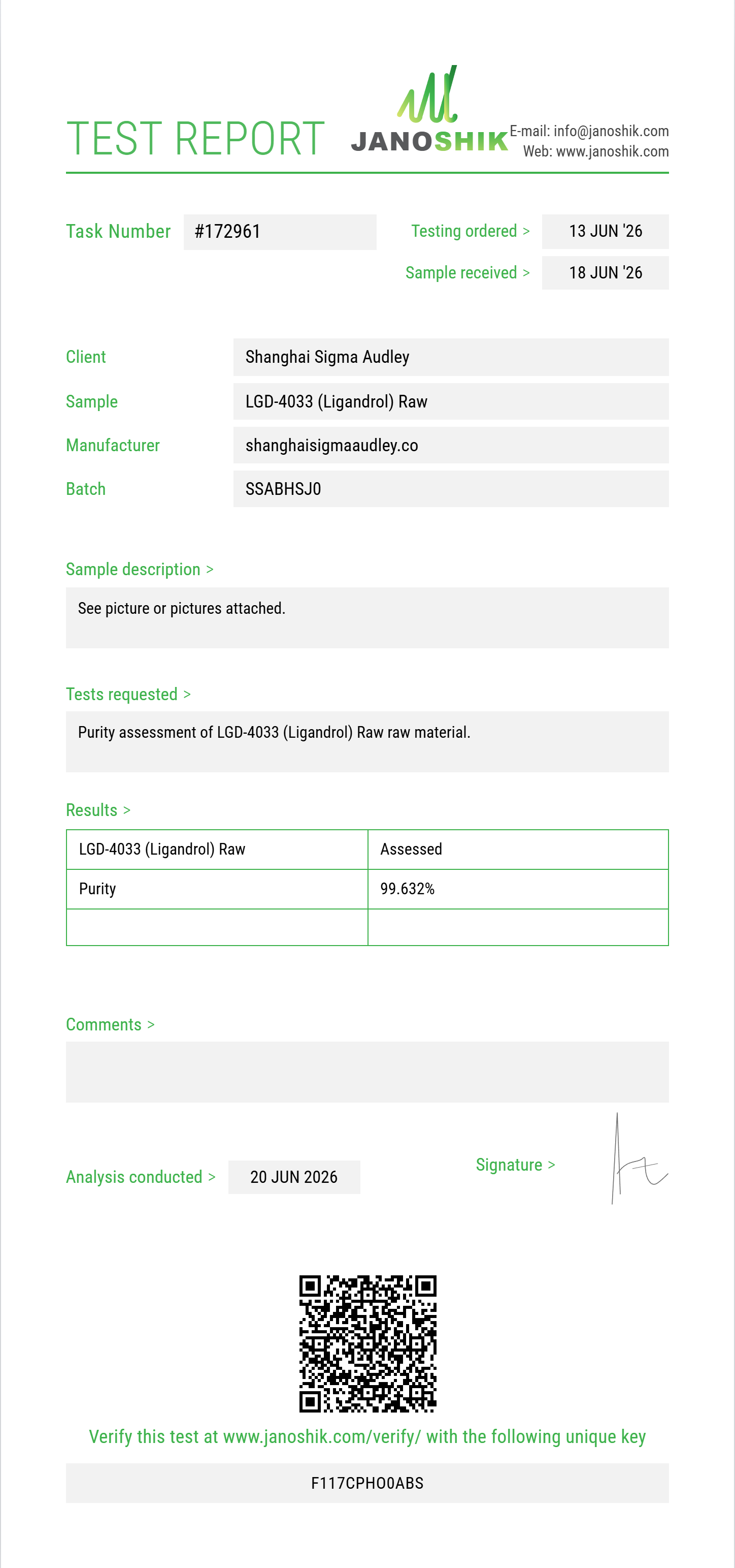 LGD-4033 (Ligandrol) Raw Purity (HPLC) report by Janoshik Analytical
