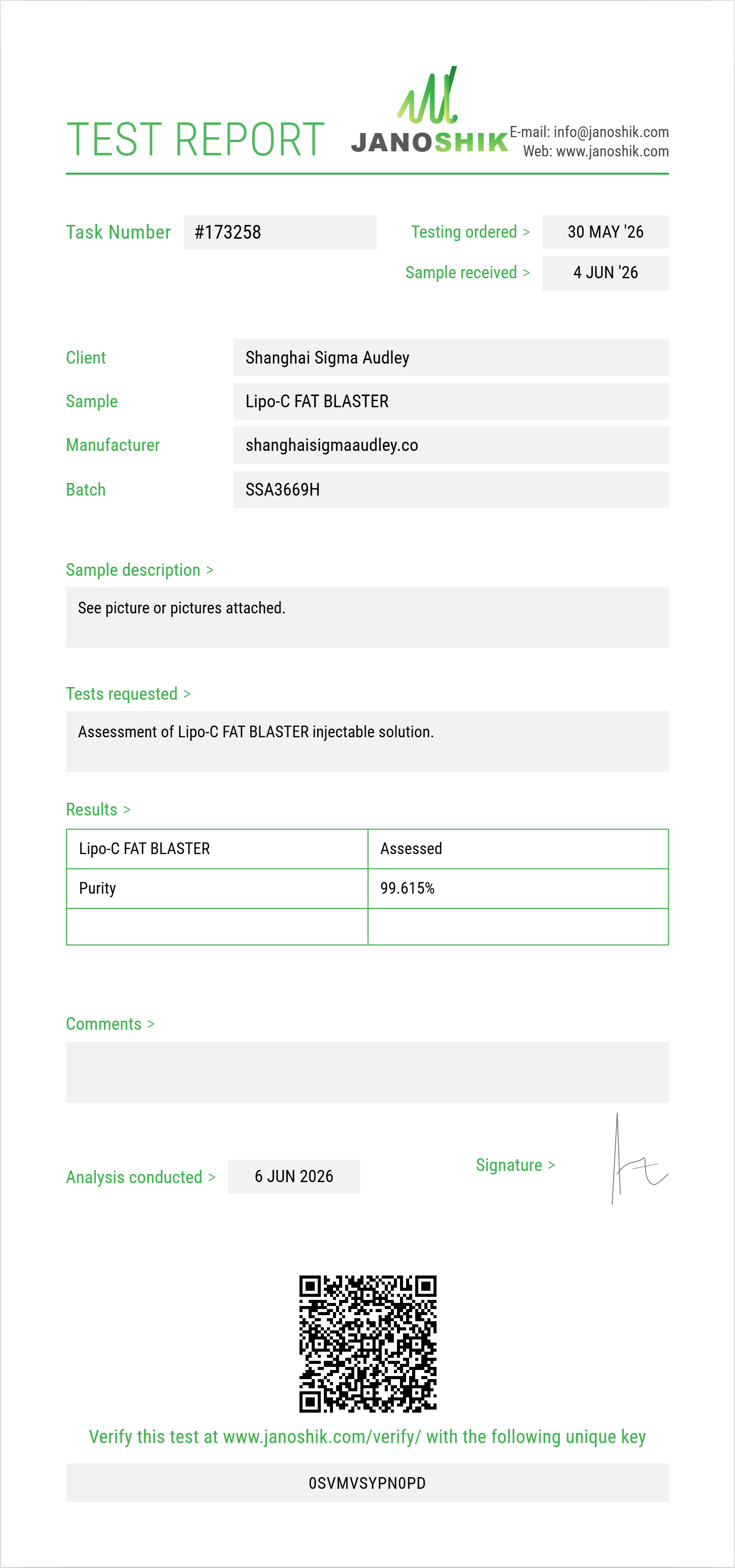 Lipo-C FAT BLASTER Purity (HPLC) report by Janoshik Analytical
