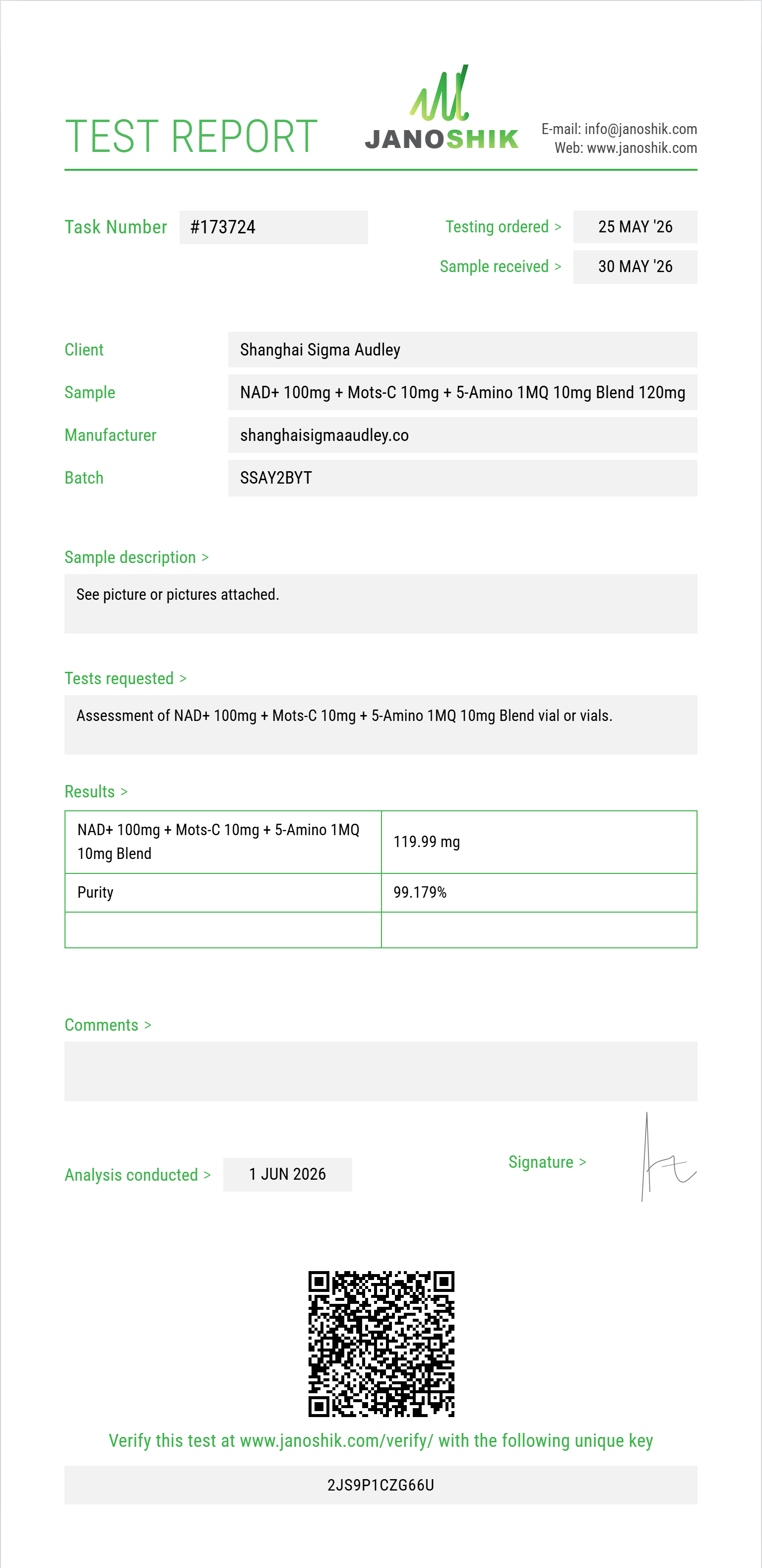 NAD+ 100mg + Mots-C 10mg + 5-Amino 1MQ 10mg Blend Purity (HPLC) report by Janoshik Analytical