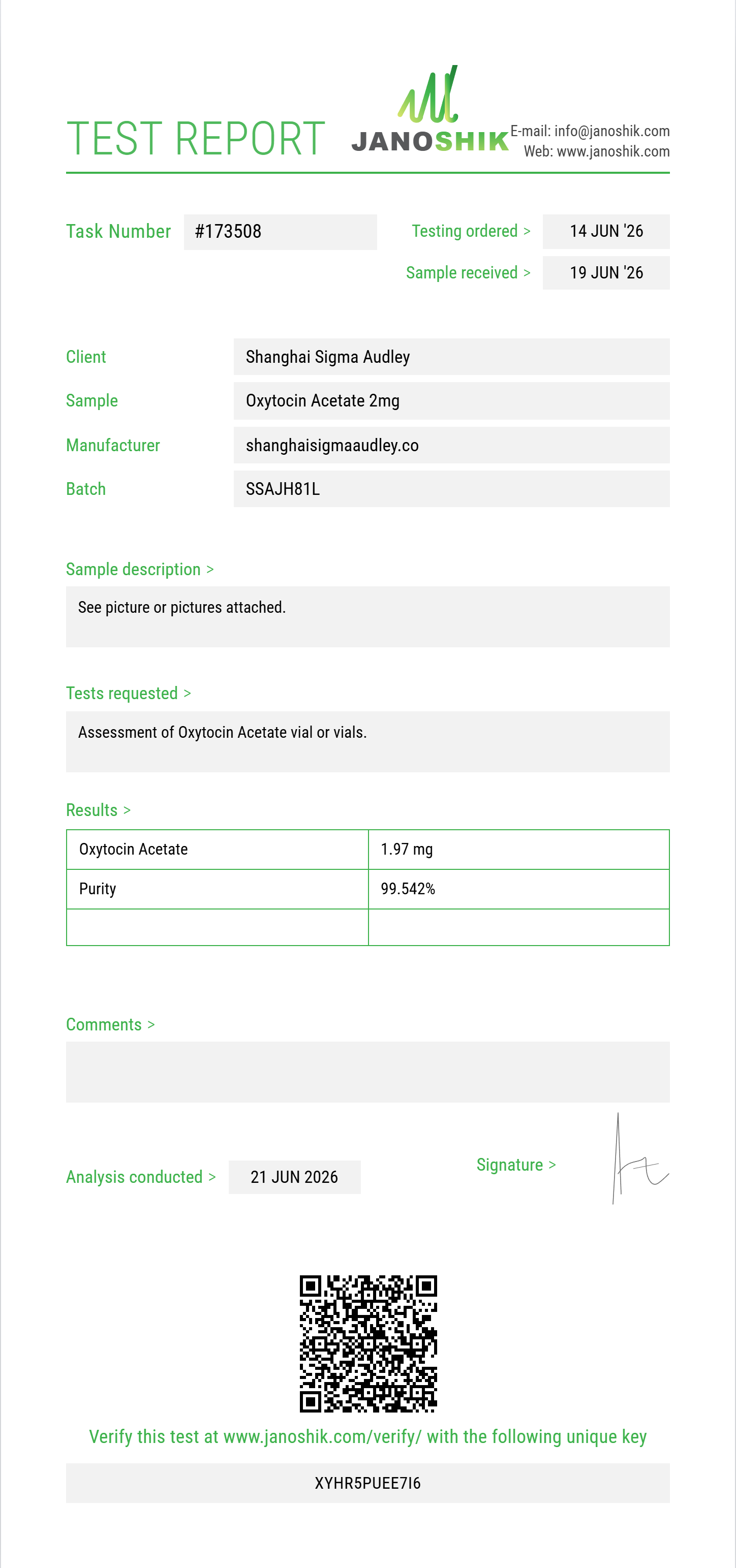 Oxytocin Acetate Purity (HPLC) report by Janoshik Analytical