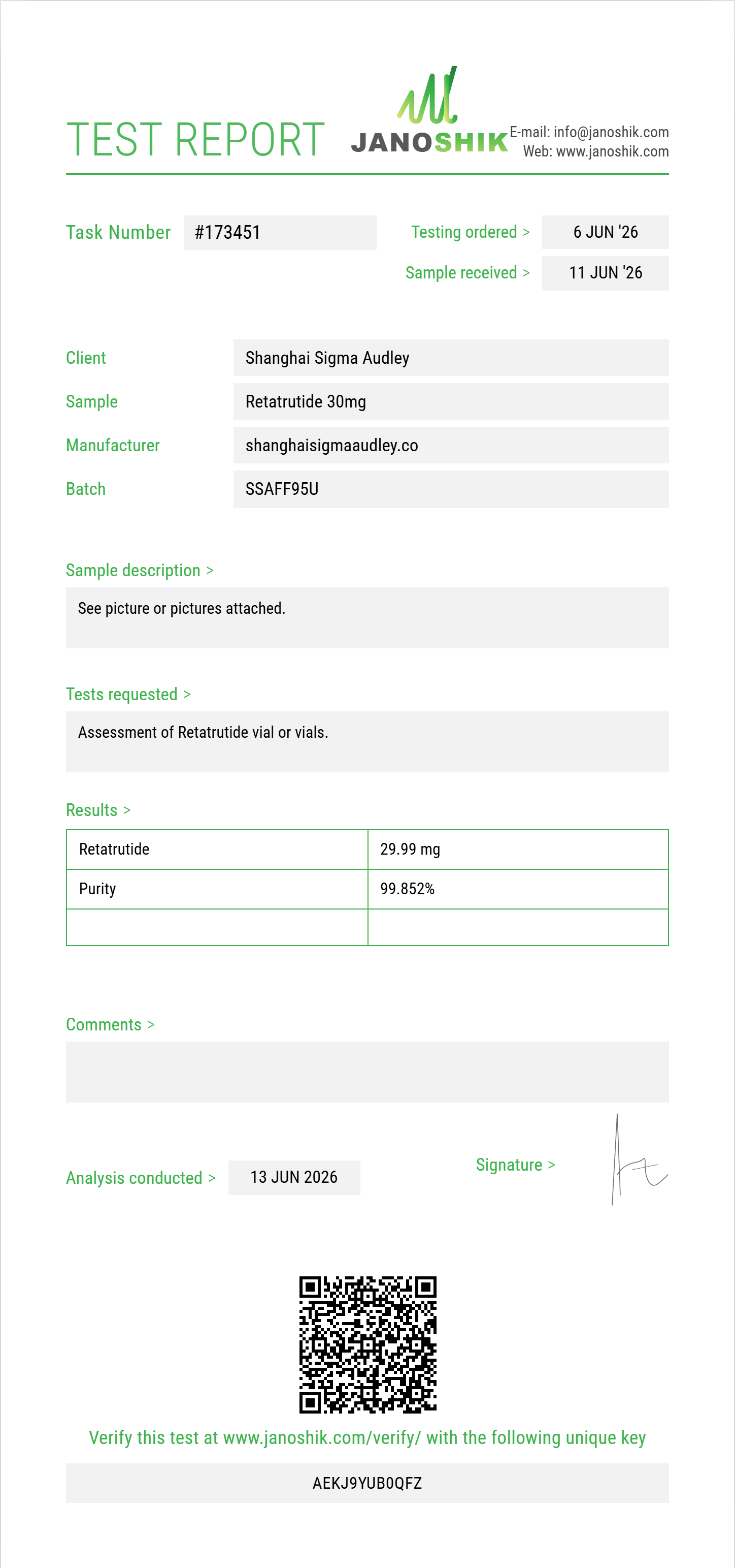 Retatrutide 30mg Pen Kit Purity (HPLC) report by Janoshik Analytical