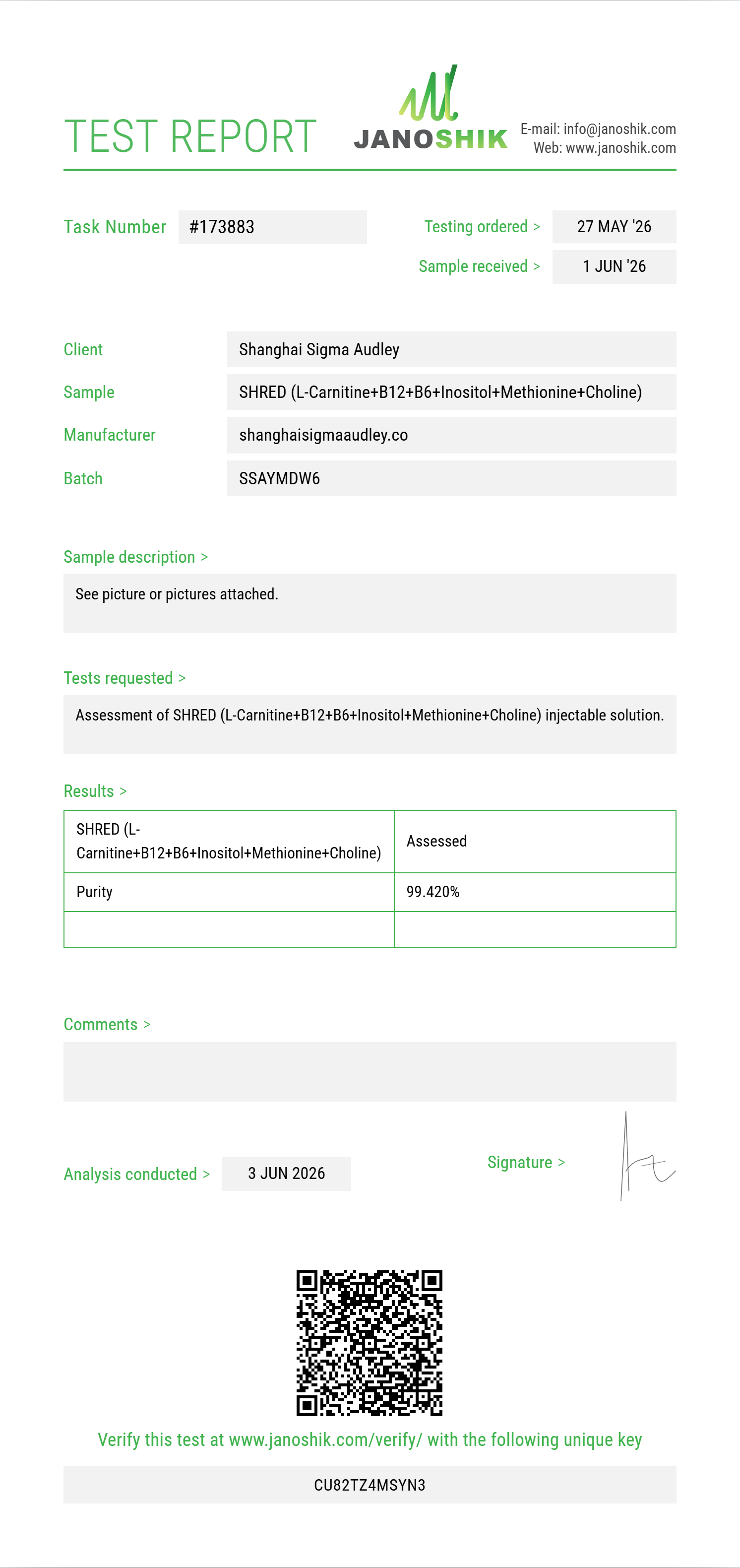 SHRED (L-Carnitine 200mg+B12+B6+Inositol+Methionine+Choline) Purity Test Report by Medu Laboratories