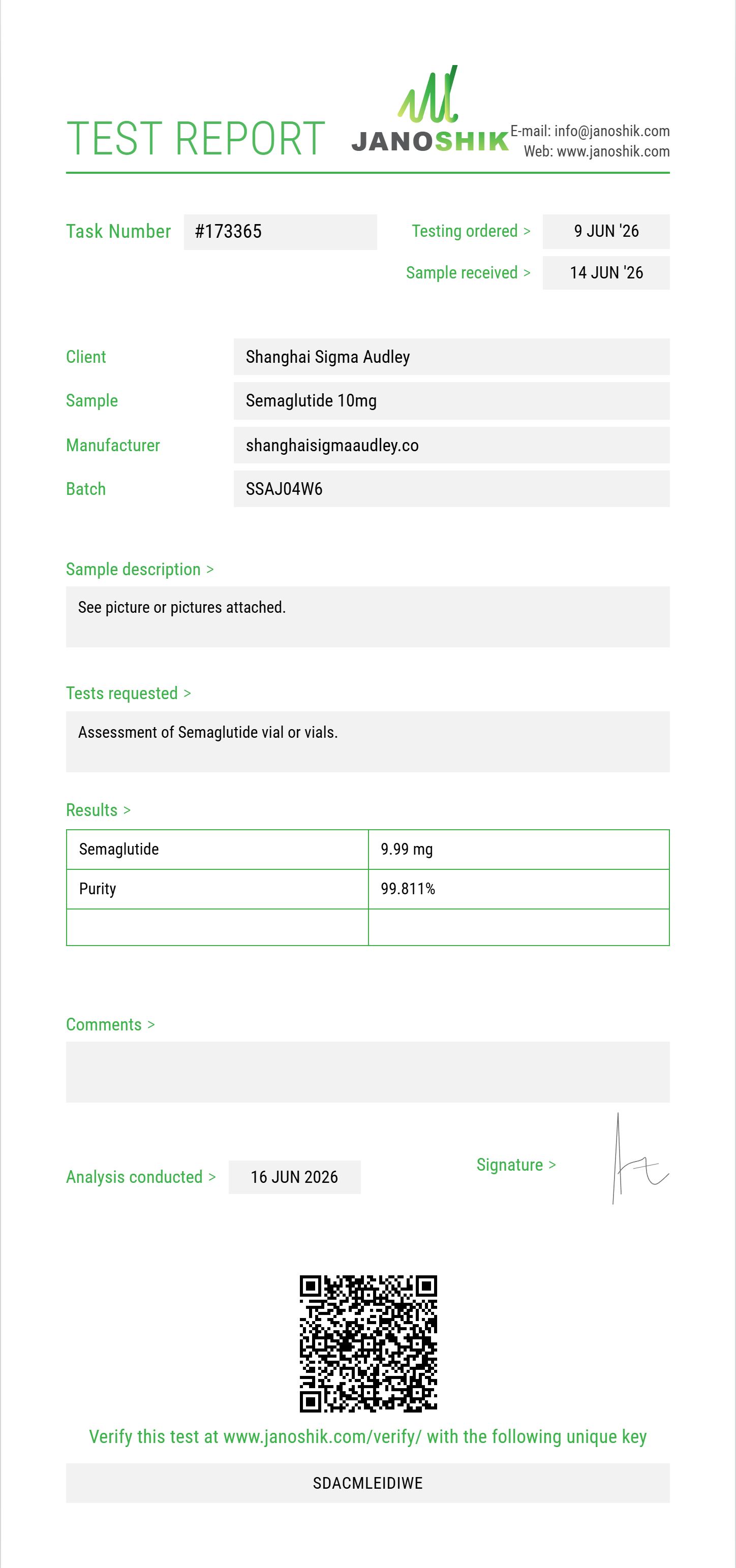 Semaglutide Purity (HPLC) report by Janoshik Analytical