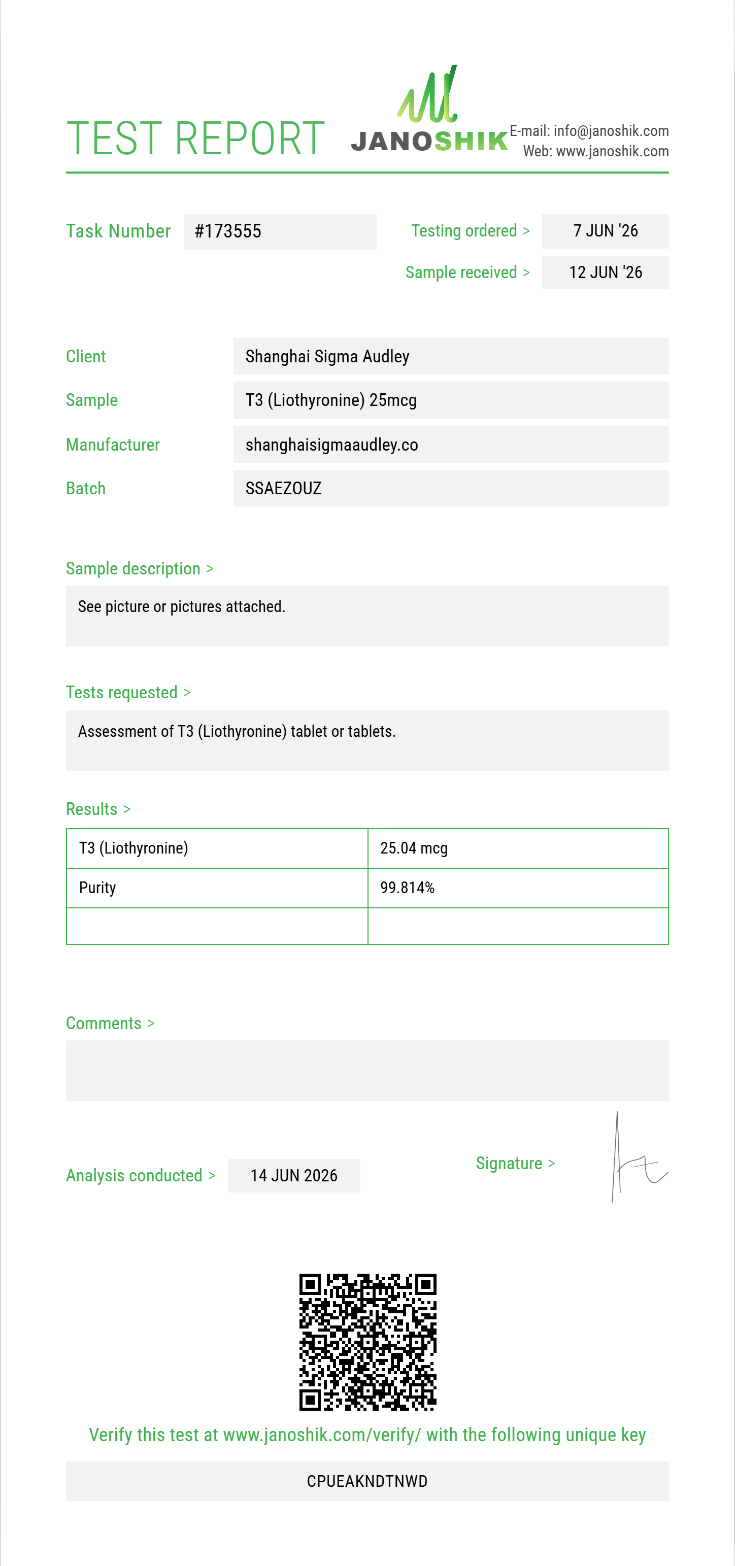 T3 (Liothyronine) Purity (HPLC) report by Janoshik Analytical