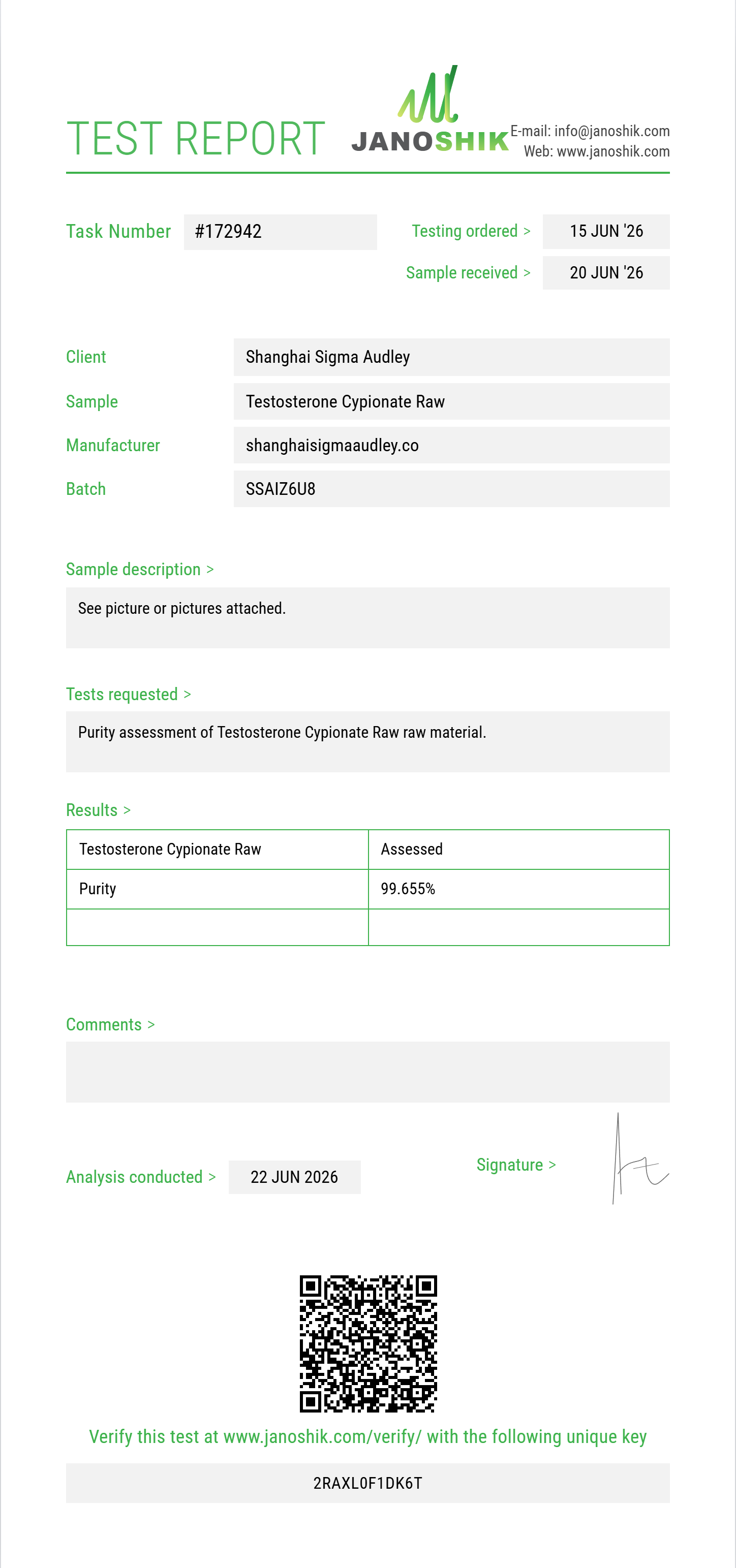 Testosterone Cypionate Raw Purity (HPLC) report by Janoshik Analytical
