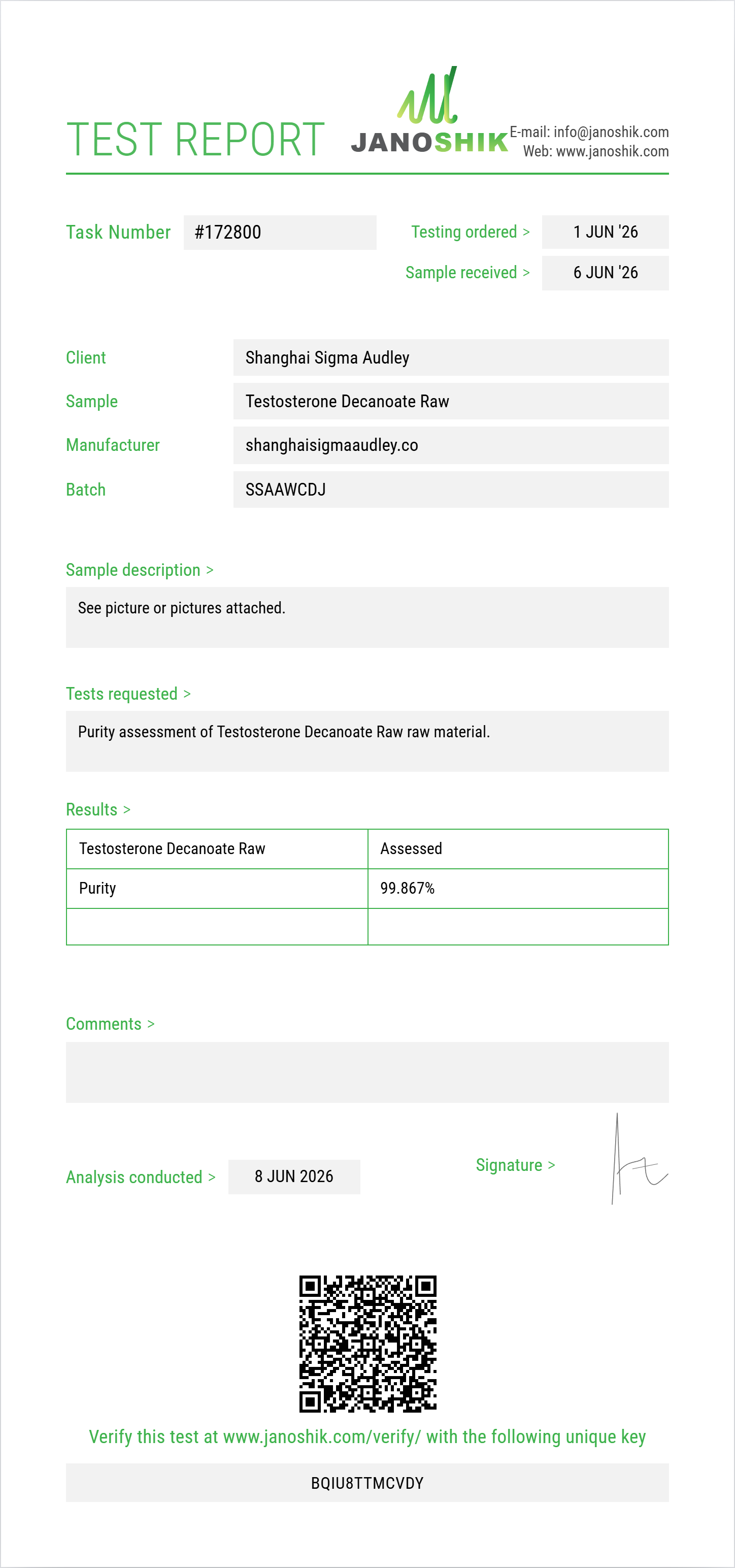 Testosterone Decanoate Raw Purity (HPLC) report by Janoshik Analytical