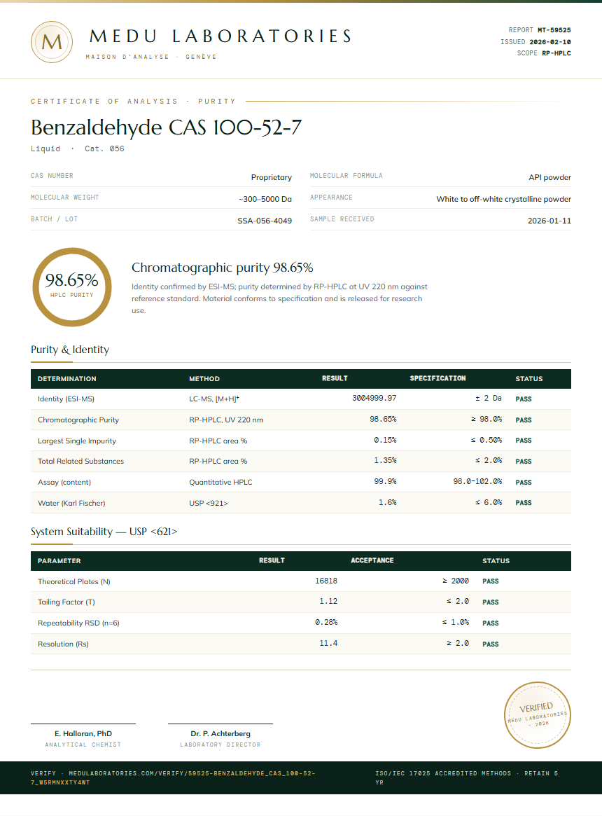 Benzaldehyde CAS 100-52-7 Purity Test Report by Medu Laboratories