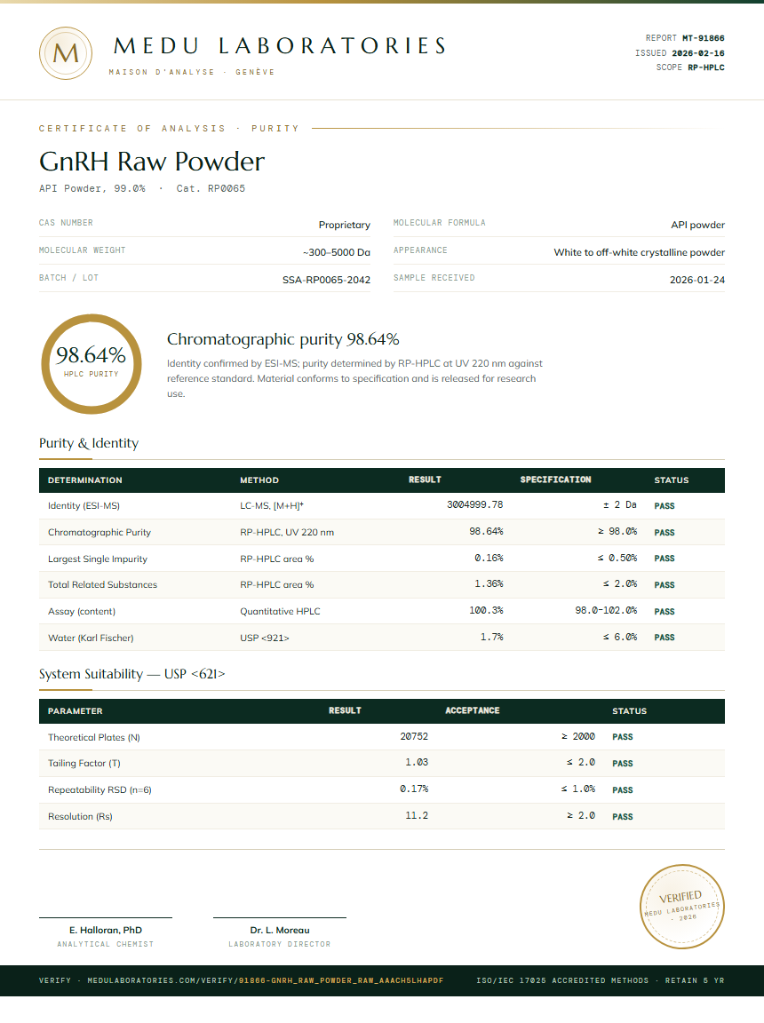 GnRH Raw Powder Purity Test Report by Medu Laboratories