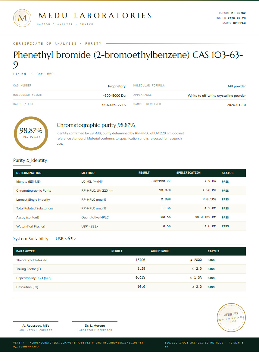 Phenethyl bromide (2-bromoethylbenzene) CAS 103-63-9 Purity Test Report by Medu Laboratories