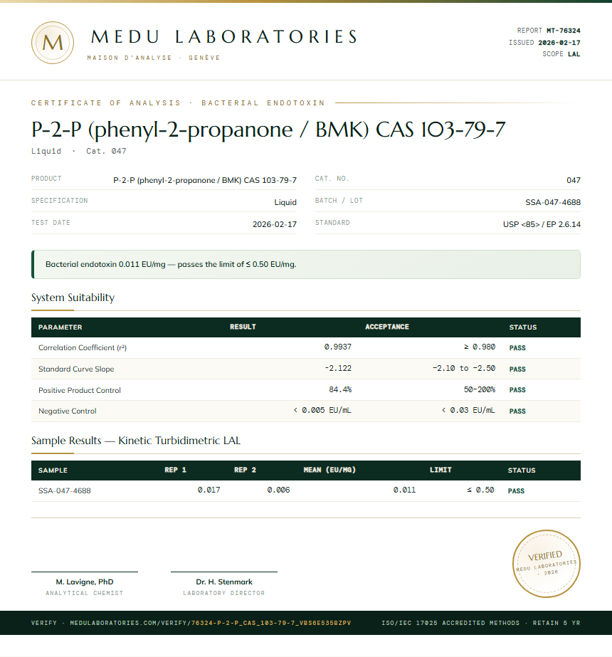 P-2-P (phenyl-2-propanone / BMK) CAS 103-79-7 Endotoxin report by Medu Laboratories