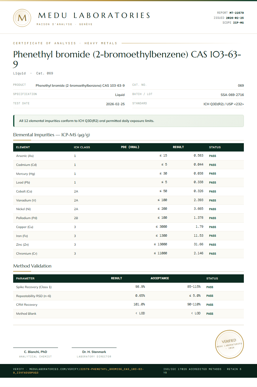 Phenethyl bromide (2-bromoethylbenzene) CAS 103-63-9 Heavy Metals report by Medu Laboratories