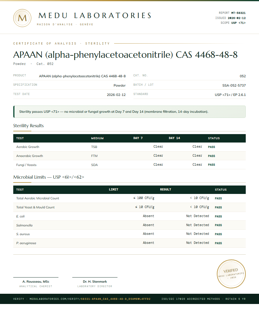 APAAN (alpha-phenylacetoacetonitrile) CAS 4468-48-8 Sterility report by Medu Laboratories