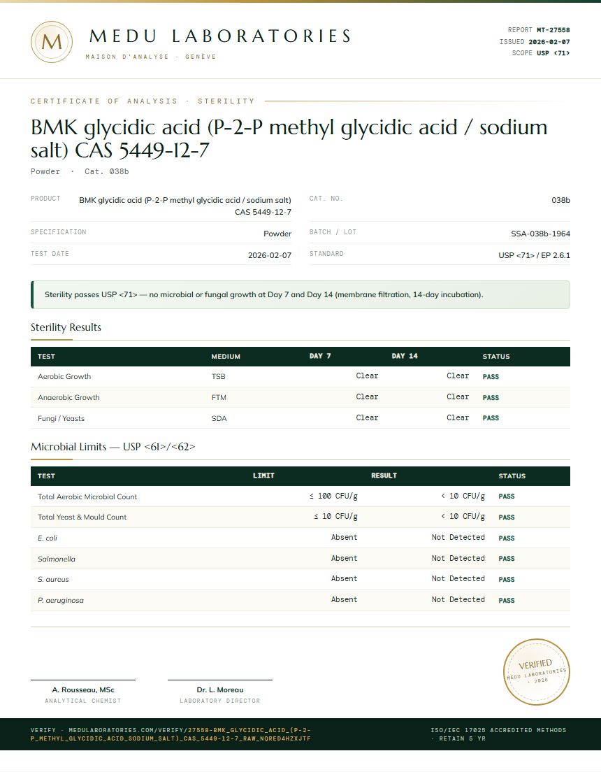BMK glycidic acid (P-2-P methyl glycidic acid / sodium salt) CAS 5449-12-7 Sterility report by Medu Laboratories