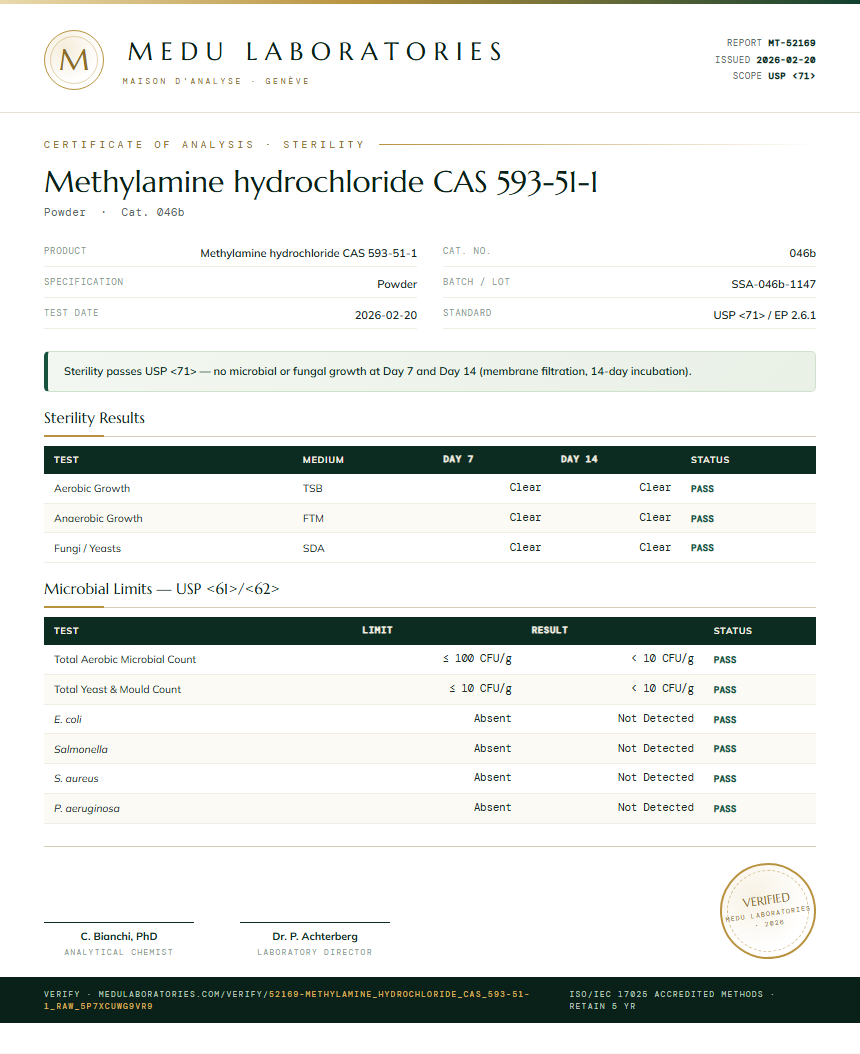 Methylamine hydrochloride CAS 593-51-1 Sterility report by Medu Laboratories