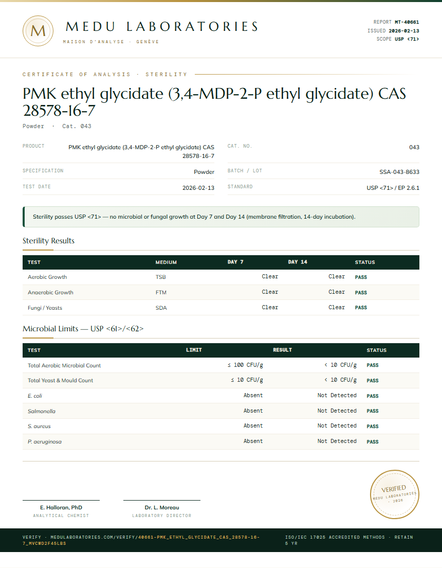 PMK ethyl glycidate (3,4-MDP-2-P ethyl glycidate) CAS 28578-16-7 Sterility report by Medu Laboratories