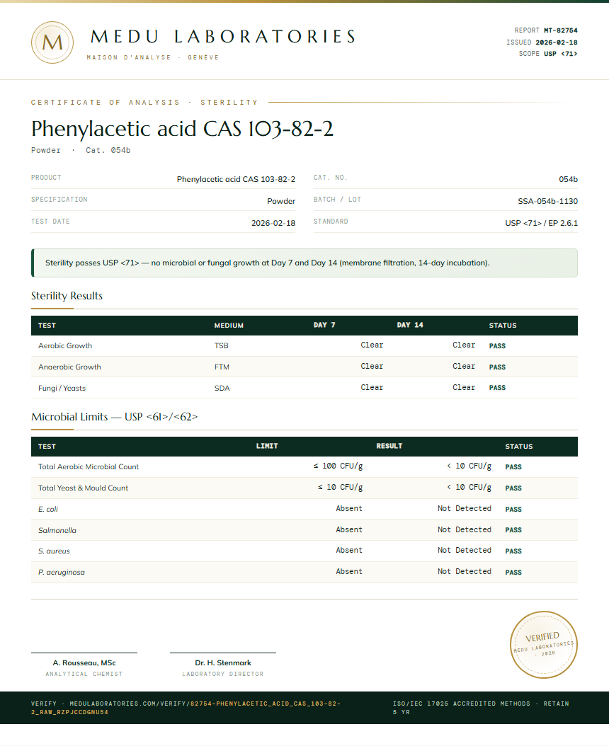 Phenylacetic acid CAS 103-82-2 Sterility report by Medu Laboratories