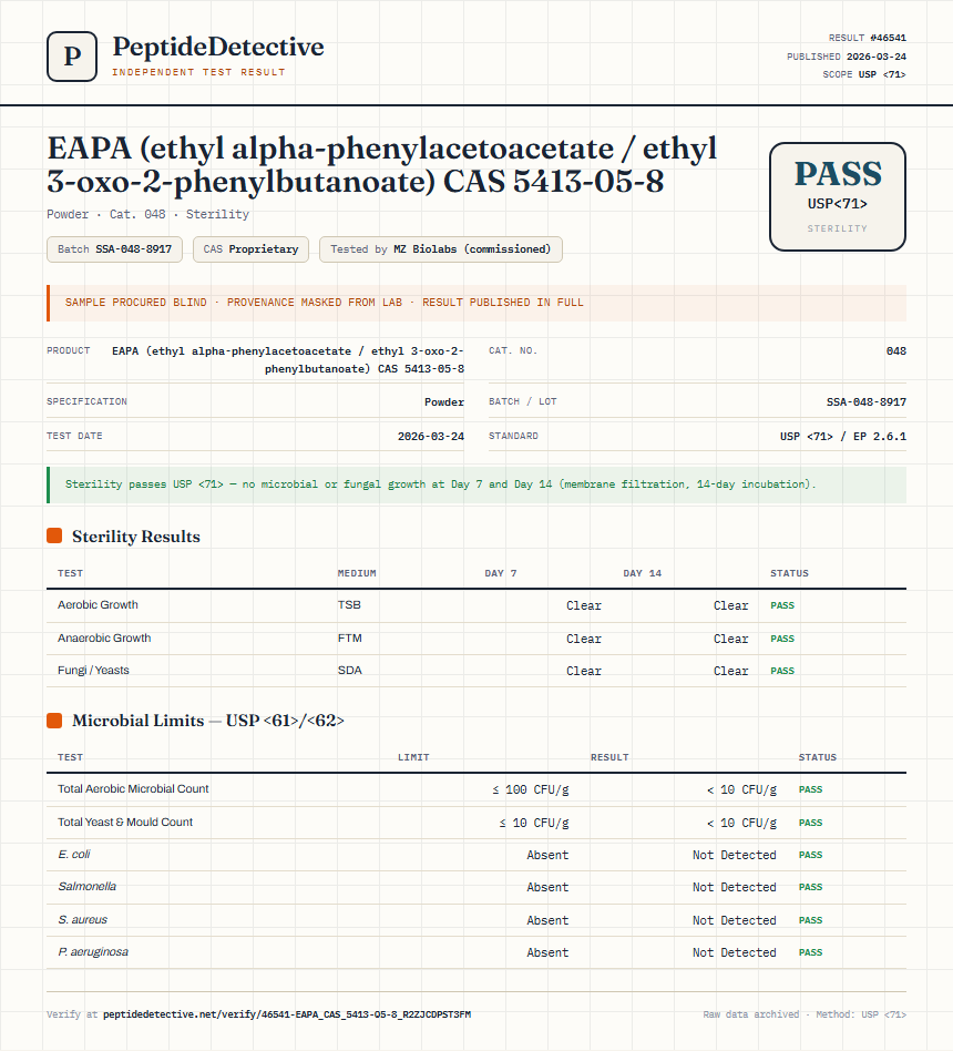 EAPA (ethyl alpha-phenylacetoacetate / ethyl 3-oxo-2-phenylbutanoate) CAS 5413-05-8 Sterility report by PeptideDetective