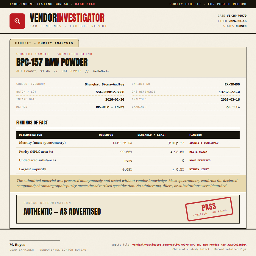 BPC-157 Raw Powder Purity (HPLC) report by VendorInvestigator