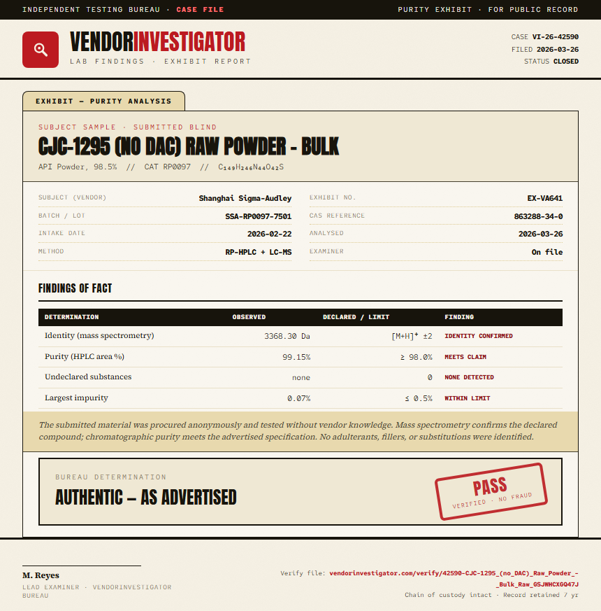 CJC-1295 (no DAC) Raw Powder - Bulk Purity (HPLC) report by VendorInvestigator