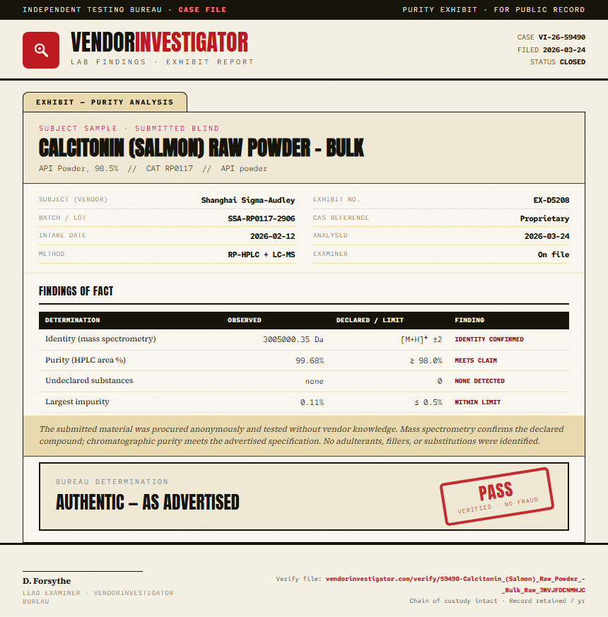 Calcitonin (Salmon) Raw Powder - Bulk Purity (HPLC) report by VendorInvestigator