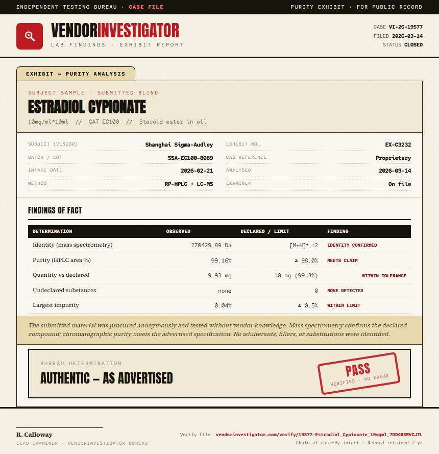 Estradiol Cypionate Purity (HPLC) report by VendorInvestigator