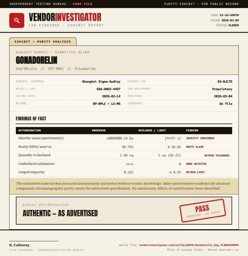 Gonadorelin Purity (HPLC) report by VendorInvestigator