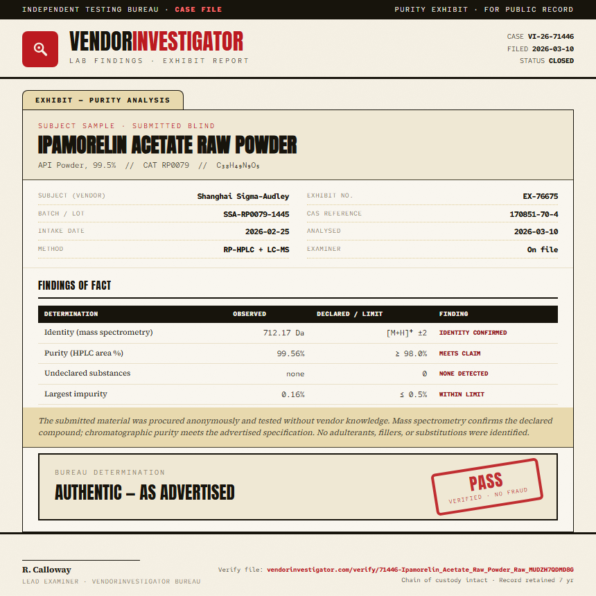 Ipamorelin Acetate Raw Powder Purity (HPLC) report by VendorInvestigator