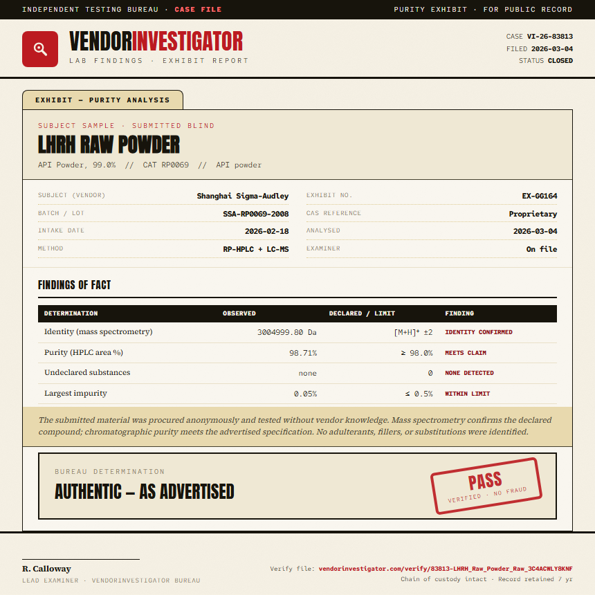 LHRH Raw Powder Purity (HPLC) report by VendorInvestigator