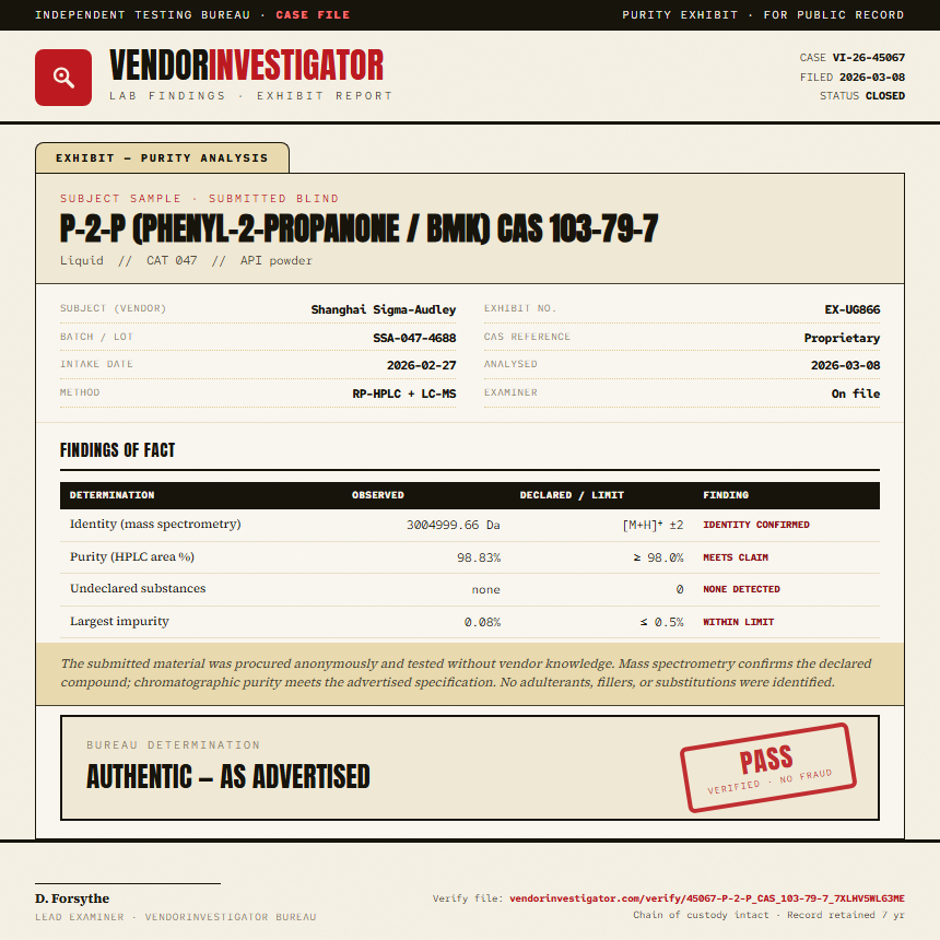 P-2-P (phenyl-2-propanone / BMK) CAS 103-79-7 Purity (HPLC) report by VendorInvestigator