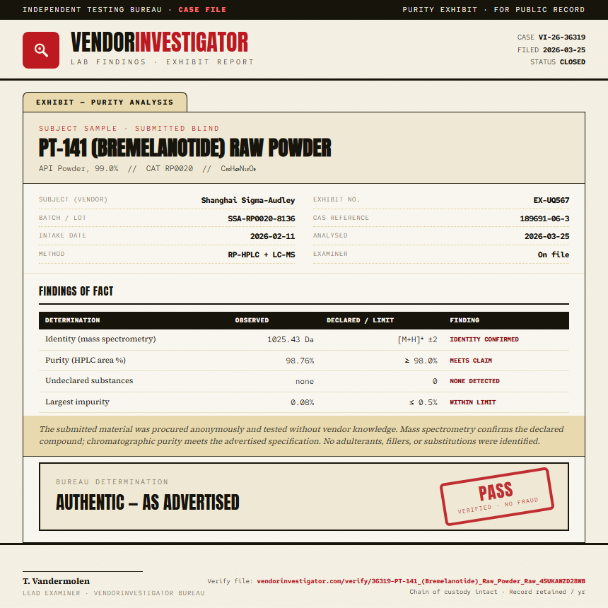 PT-141 (Bremelanotide) Raw Powder Purity (HPLC) report by VendorInvestigator