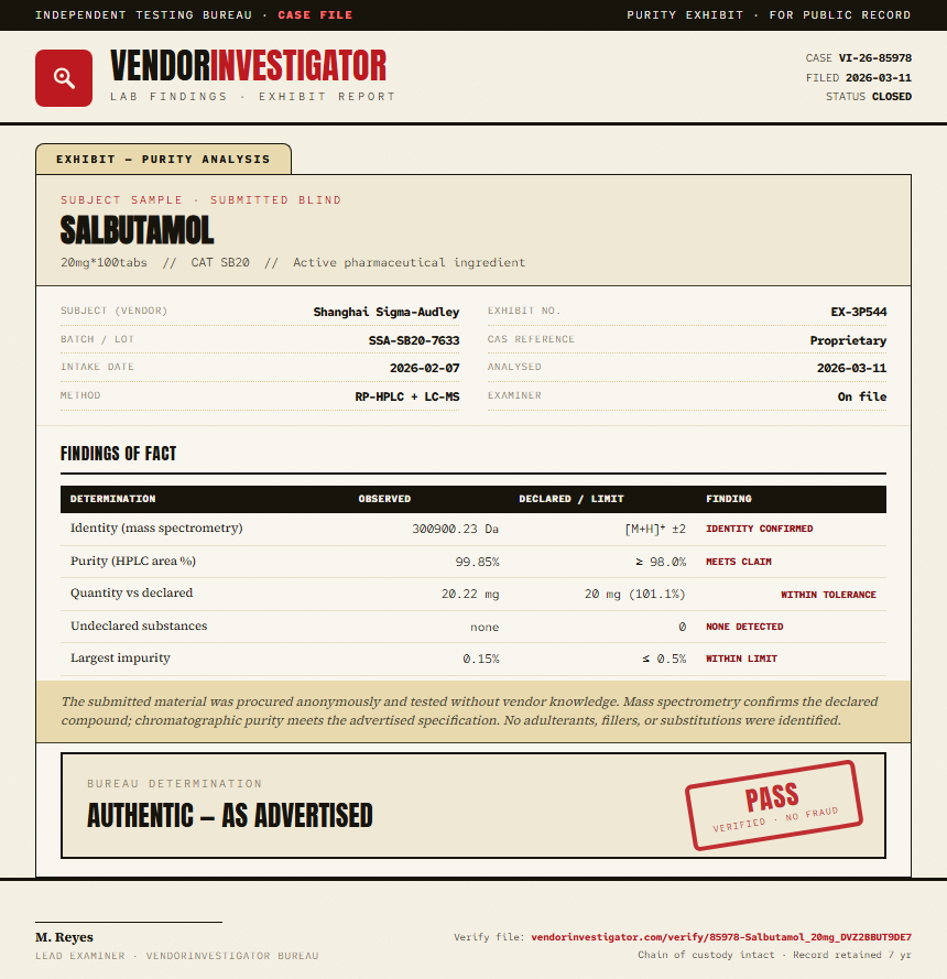 Salbutamol Purity (HPLC) report by VendorInvestigator