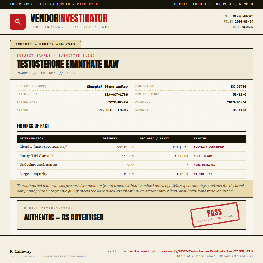 Testosterone Enanthate Raw Purity (HPLC) report by VendorInvestigator