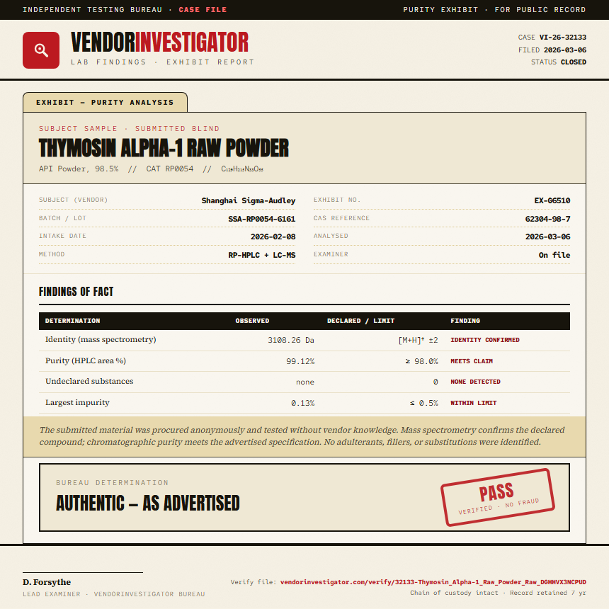 Thymosin Alpha-1 Raw Powder Purity (HPLC) report by VendorInvestigator