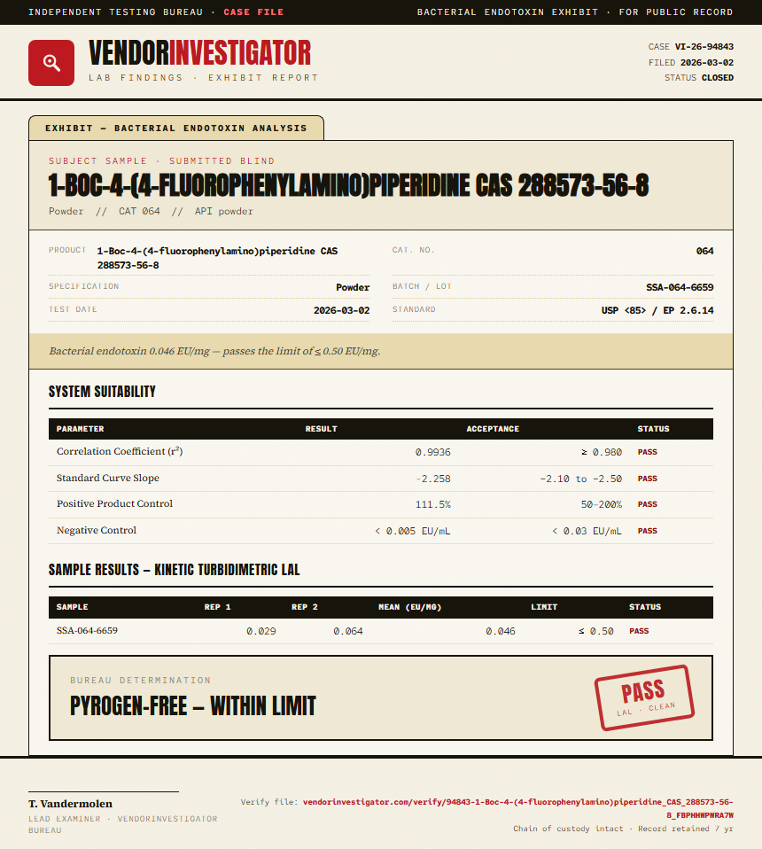 1-Boc-4-(4-fluorophenylamino)piperidine CAS 288573-56-8 Endotoxin report by VendorInvestigator