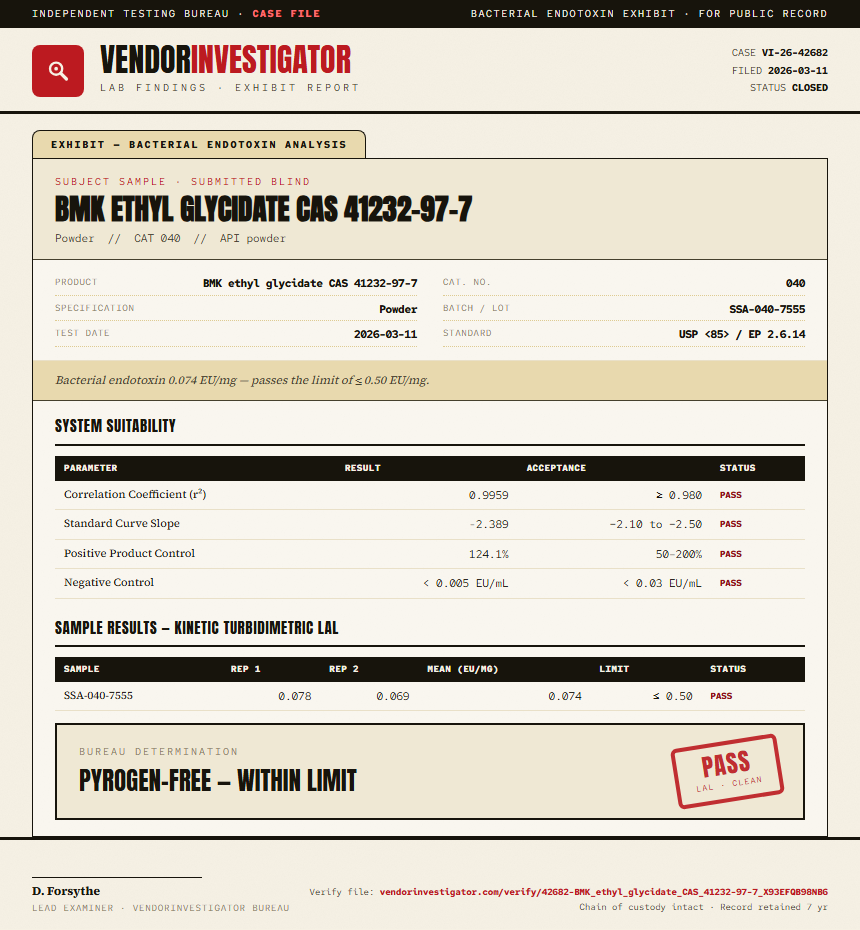 BMK ethyl glycidate CAS 41232-97-7 Endotoxin report by VendorInvestigator