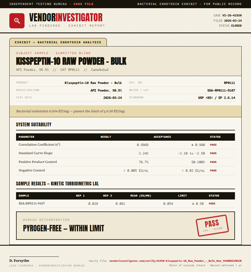 Kisspeptin-10 Raw Powder - Bulk Endotoxin report by VendorInvestigator