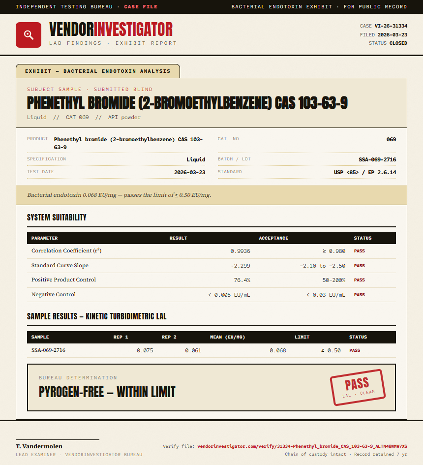Phenethyl bromide (2-bromoethylbenzene) CAS 103-63-9 Endotoxin report by VendorInvestigator