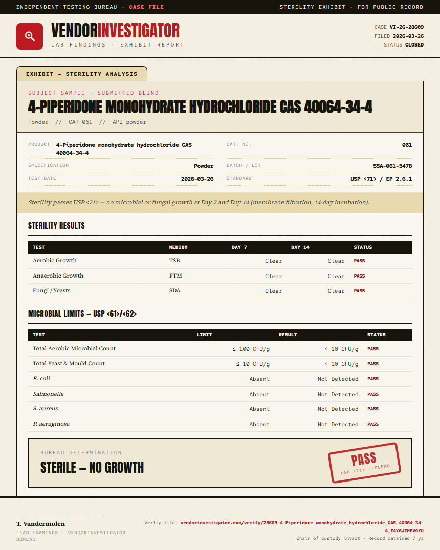 4-Piperidone monohydrate hydrochloride CAS 40064-34-4 Sterility report by VendorInvestigator