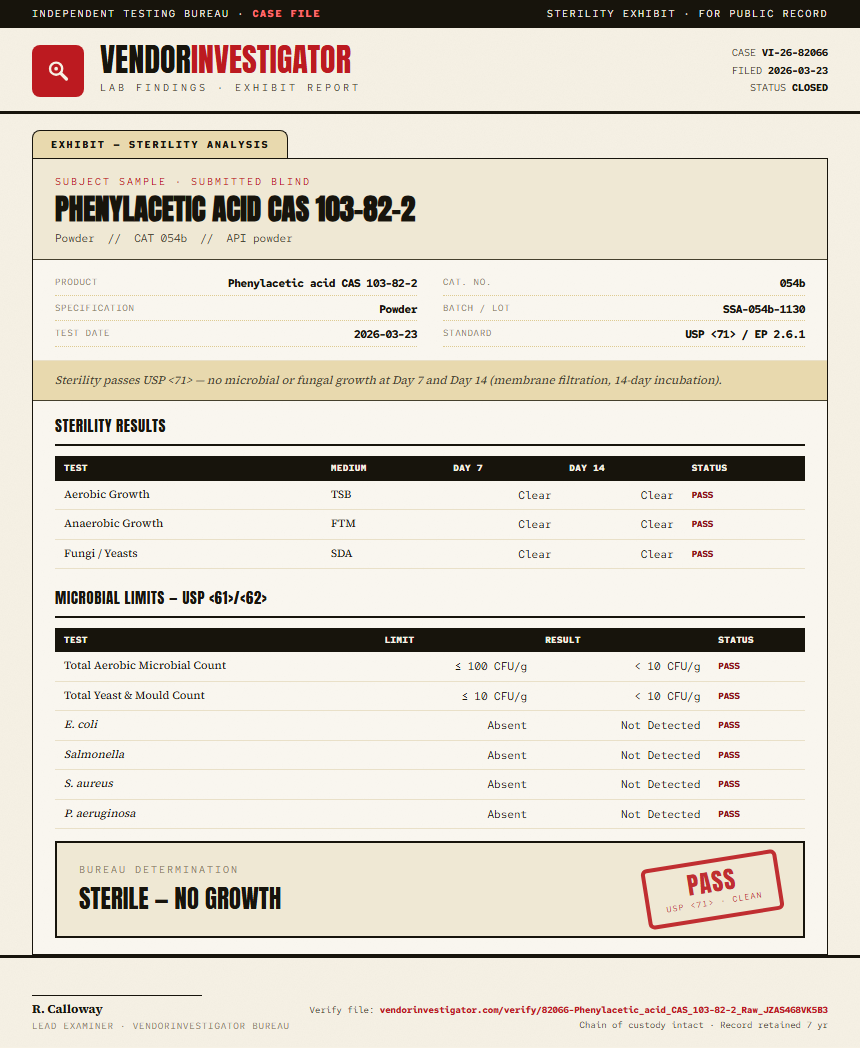 Phenylacetic acid CAS 103-82-2 Sterility report by VendorInvestigator